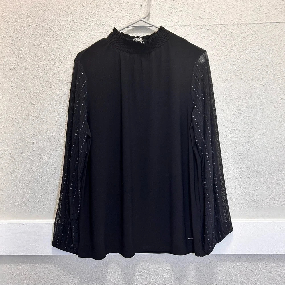 Anne Klein Black Mock Neck with Mesh Sleeves Blouse NWT Medium
